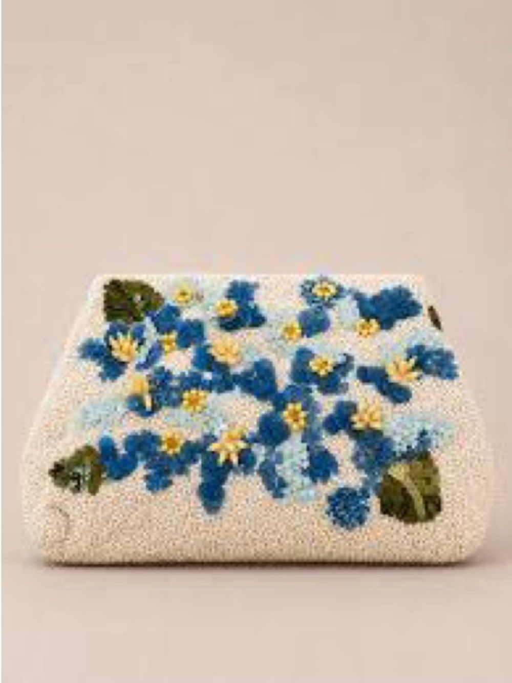 T.J.Maxx Beaded Cream Clutch with Blue and Yellow Floral Design